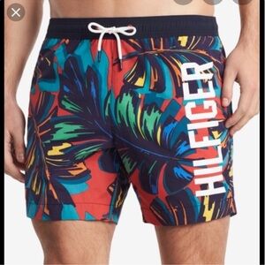 Tommy Hilfiger Men's Leaf Print Swim Trunks - Red, Blue, Green